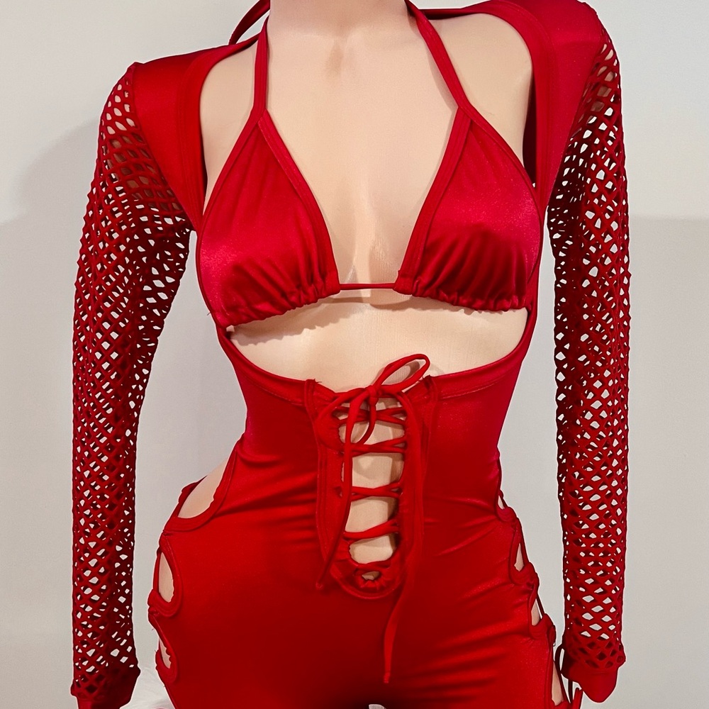 Red Lace-Up Jumpsuit